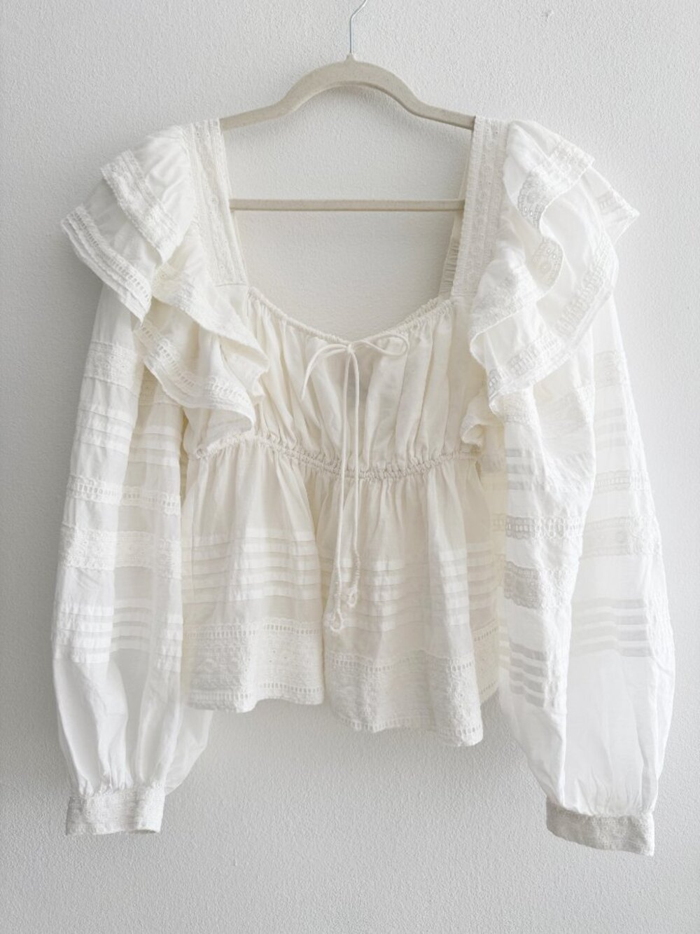 FARM Rio Cream Ruffle Lace Peasant Blouse
